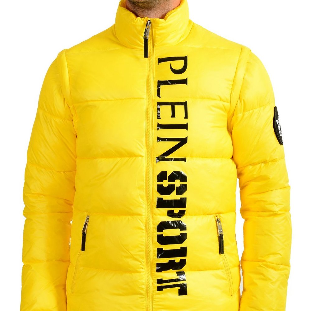 Plein Sport Men's Yellow Logo Print Zip Up Parka Vest With Detachable Sleeves